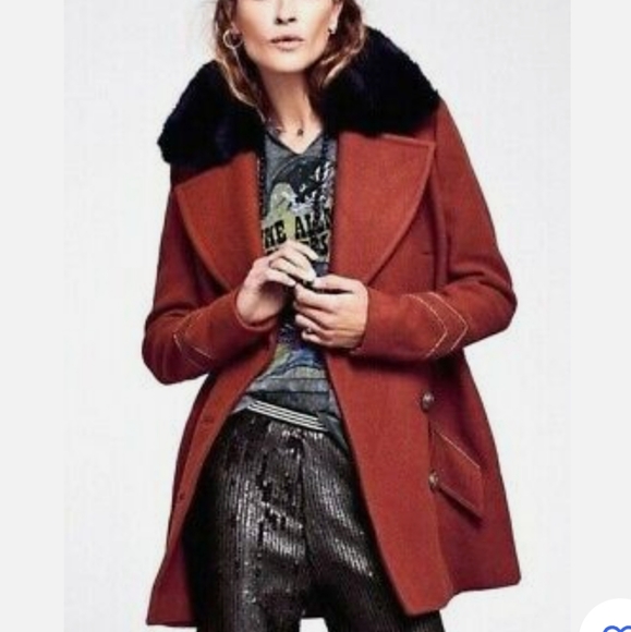 Free People Sedgwick Red Wool Peacoat Military Coat Double Breasted OB514559 - Picture 3 of 10